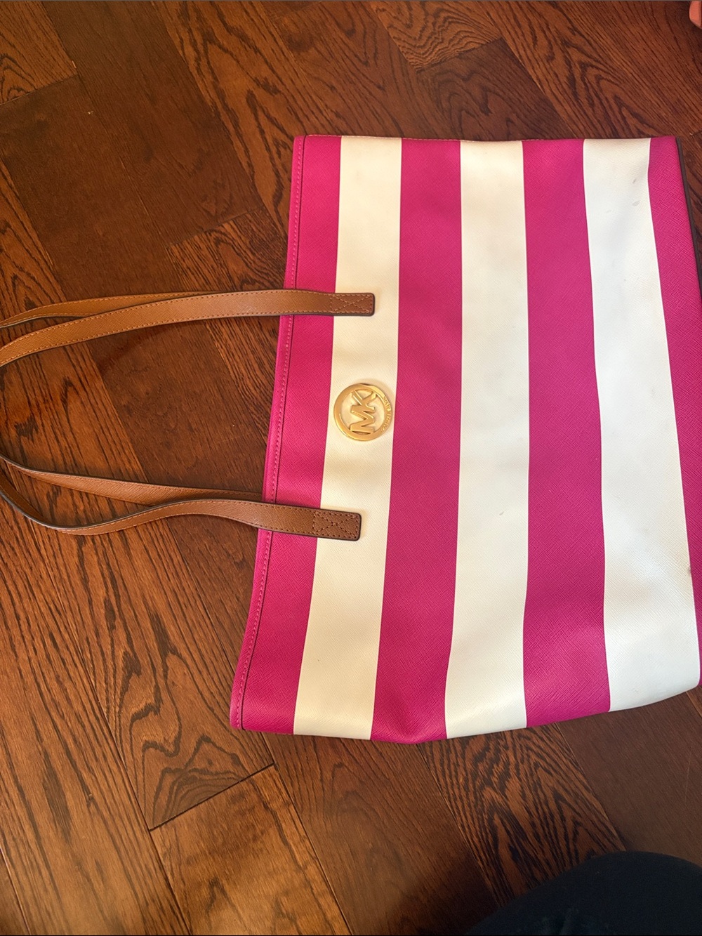 Michael Kors Hot Pink and White Striped Tote with Tan Handles